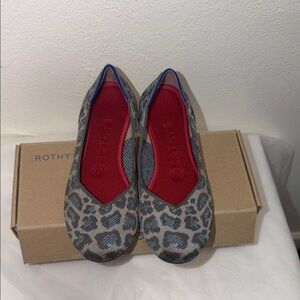 Rothy's Gray Leopard Knit Ballet Flats with Blue Trim and Red Insole
